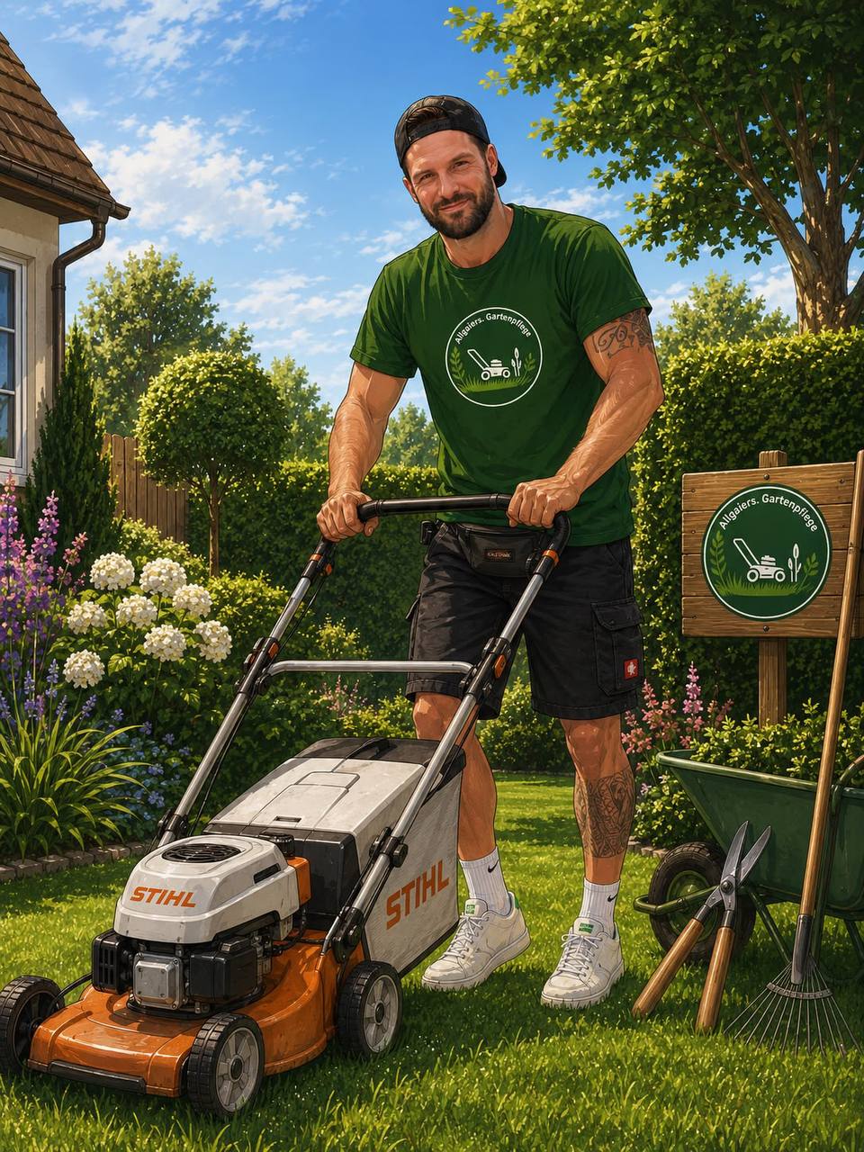 Gezeichnetes Bild: Jochen Allgaier mit Rasenmäher im Garten, im Hintergrund ein Schild mit dem Logo